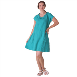 Rosello 100% Linen Roll Neck Pocketed Dress Sz M-L  LIKE New  Teal Green/Blue